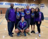 Tigers take third in girls' wrestling opener. Left to right include Coach Damian Brooks, Rayann Neverez, Eunique Barnes, Marisa Perico, Coach Esperanza Cadena-Ortiz, and Destiny Barnes.